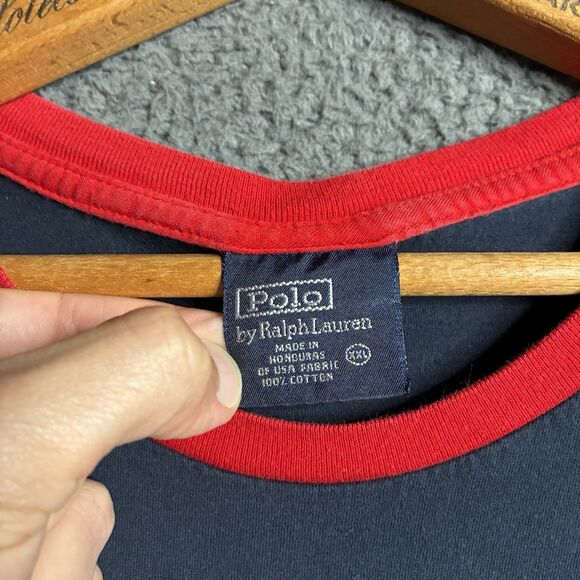 VINTAGE Polo Ralph Lauren Men T-Shirt 2XL Ringer Embroidered Naval Logo Preppy - Picture 4 of 11